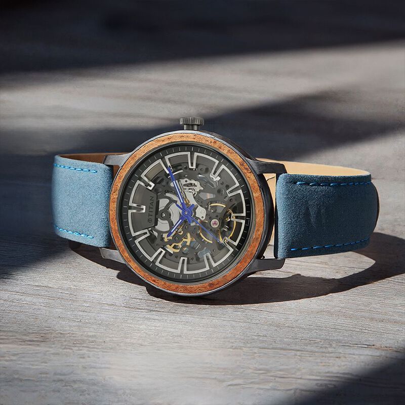 Titan Magnate Automatic Grey Dial Blue Leather Strap Watch for Men