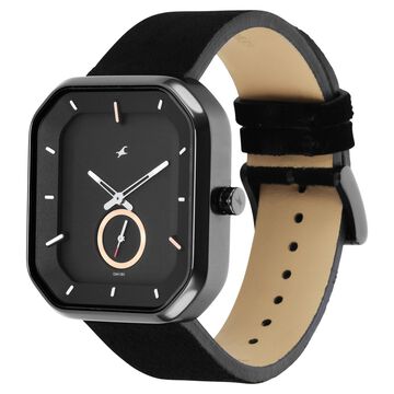 Fastrack After Dark Black Dial Black Leather Strap Watch for Guys