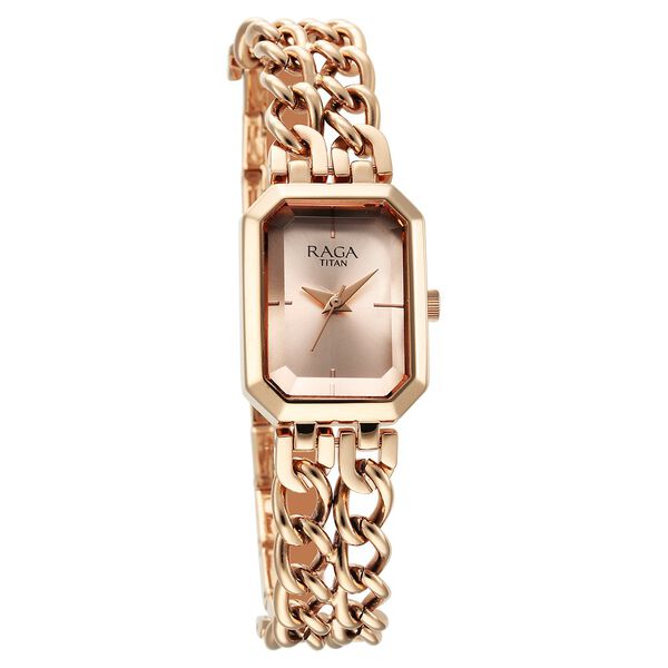 Titan Raga Showstopper Quartz Analog Rose Gold Dial Rose Gold Metal Strap Rectangular Shaped Watch For Women - image number 1