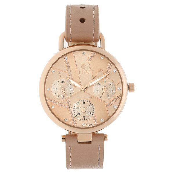 Titan Quartz Multifunction Rose Gold Dial Leather Strap Watch for Women - image number 0