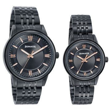 Sonata Wedding Edit Quartz Analog Black Dial Stainless Steel Strap Watch For Pair