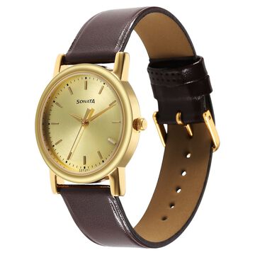 Sonata Classic Quartz Analog Champagne Dial Brown Leather Strap Watch for Men
