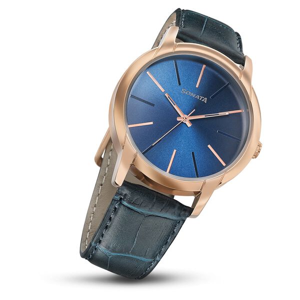 Sonata Beyond Gold Quartz Analog Blue Dial Leather Strap Watch for Men - image number 4