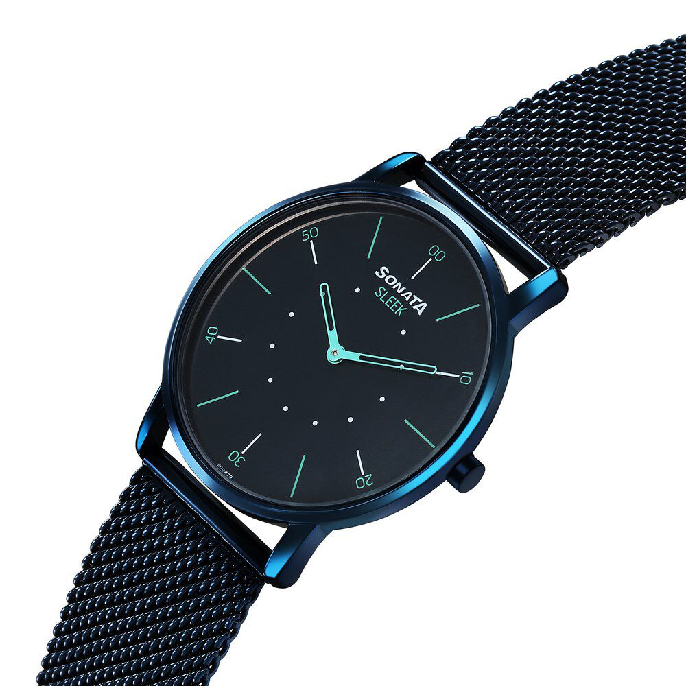 Buy Online Sonata Sleek Quartz Analog Blue Dial Blue Stainless Steel Strap Watch For Men 7152qm02 Titan