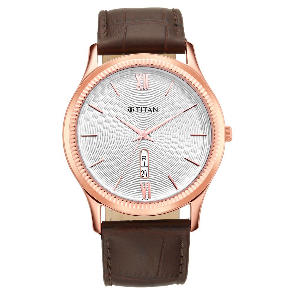 Buy Online Titan Analog with Day and Date White Dial Leather Strap