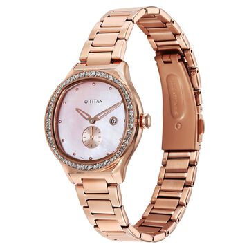Titan Purple Glamour Quartz Analog with Date Mother Of Pearl Dial Rose Gold Stainless Steel Strap Watch For Women
