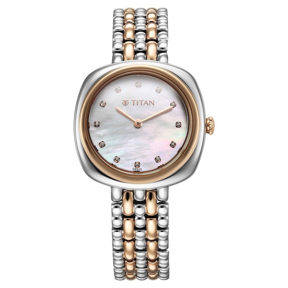 Titan Aura Quartz Analog White Mother Of Pearl Dial Rose Gold and Silver Stainless Steel Strap Watch for Women-picture-18