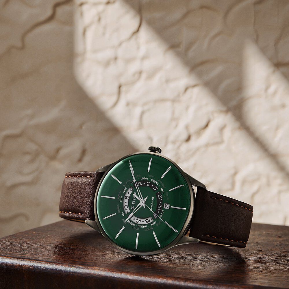 Titan Green Dial World Time with Date Leather Strap watch for Men-image-42
