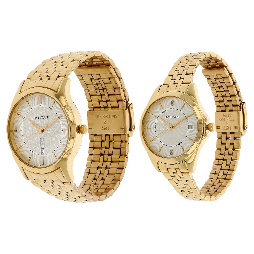 Buy Online Titan Quartz Analog with Day and Date Silver Dial Stainless Steel Strap Watch for Couple nk16362565ym01 Titan