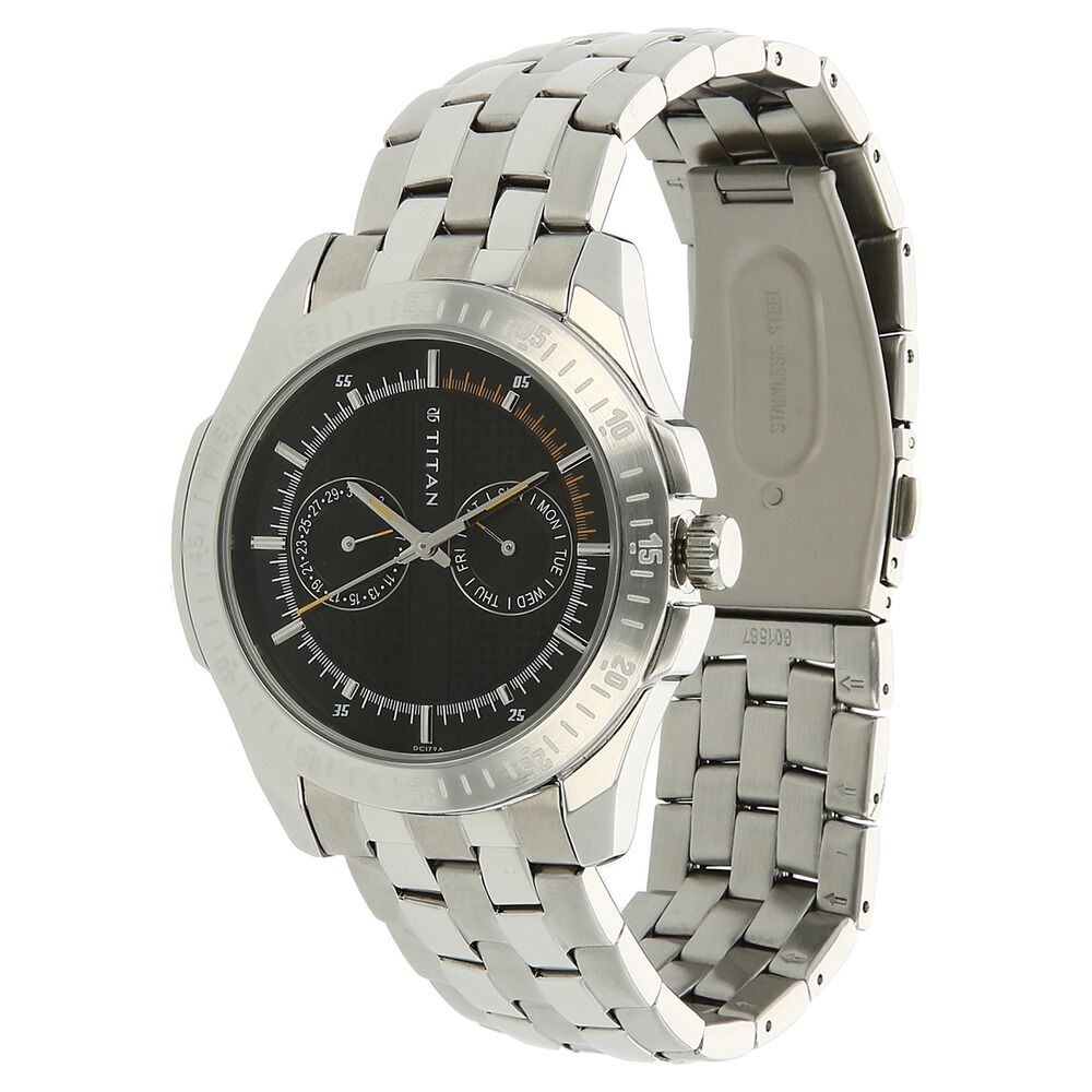 Buy Online Titan Quartz Analog with Day and Date Black Dial Stainless Steel Strap Watch for Men nk1587sm03 Titan