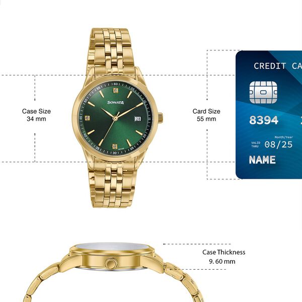 Sonata Jashn Quartz Analog Green Dial Golden Metal Strap Watch For Couple - image number 4