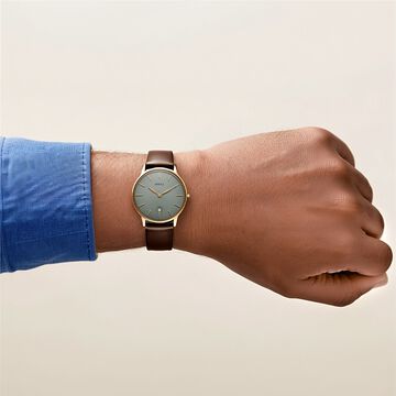 Titan Nebula Lustre 18k Gold Analog Leather Strap Watch for Men