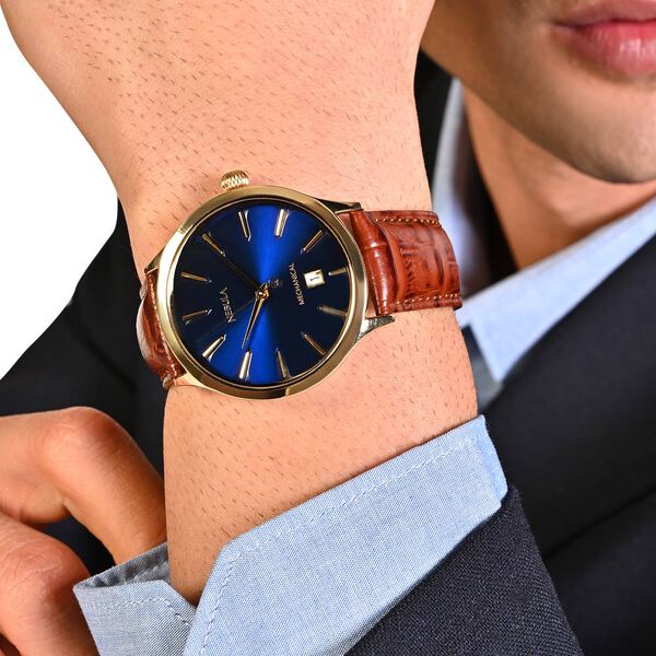 Titan Nebula Abhiyant 18k Gold Hand-Wound Mechanical Analog with Exhibition Caseback Leather Strap Watch for Men - image number 5