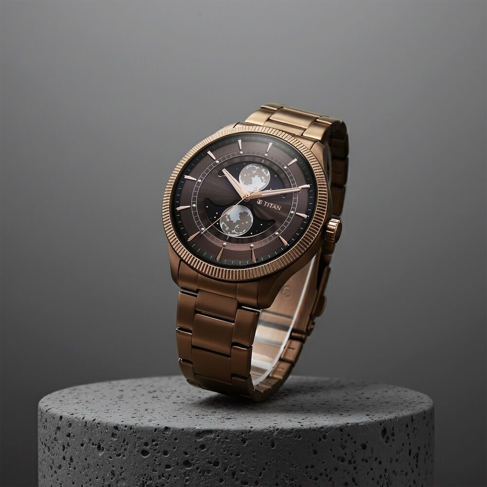 Titan Stellar Analog with Dual Moon Phase and Brown Dial IP Bronze Stainless Steel Strap Watch for Men-image-16