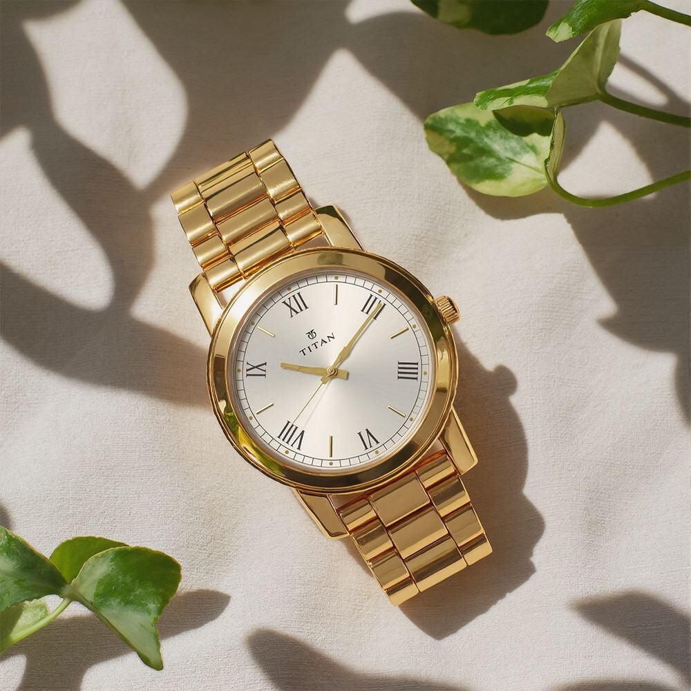 Titan Quartz Analog Silver Round Dial Golden Stainless Steel Strap Watch For Men