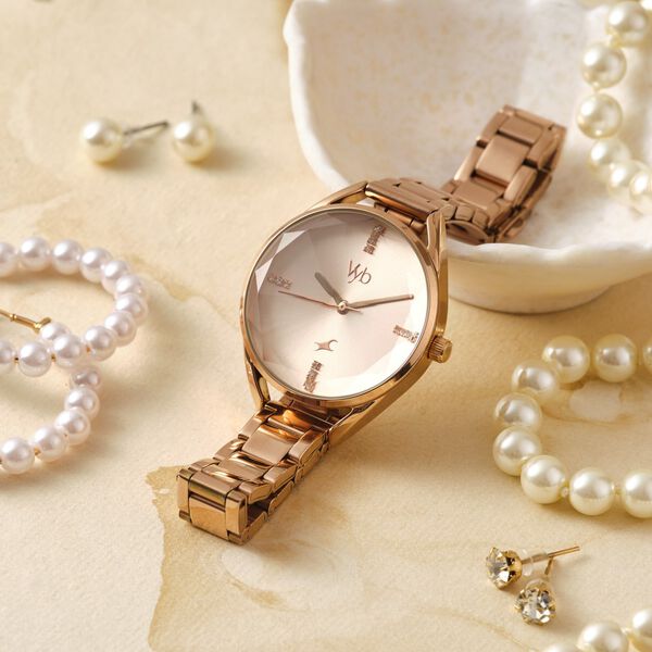 Fastrack Vyb Aurora Quartz Analog Rose Gold Dial Rose Gold Color Metal Strap Watch For Girls - image number 0