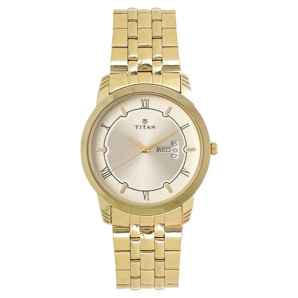 Titan Quartz Analog with Day and Date Champagne Dial Stainless Steel Strap Watch for Men - image number 0