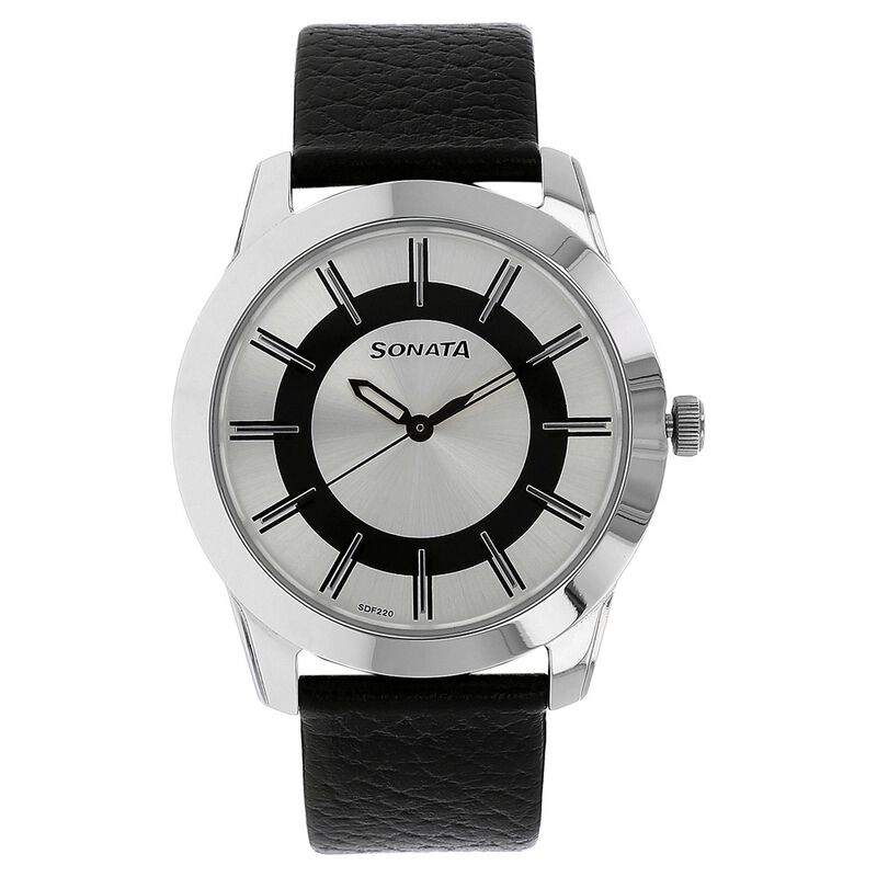 Sonata Quartz Analog Silver Dial Leather Strap Watch for Men