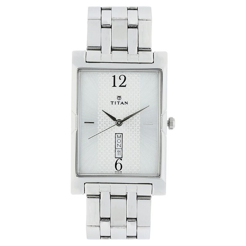Titan Rectangle Silver Dial Analog with Day and Date Stainless Steel Strap watch for Men