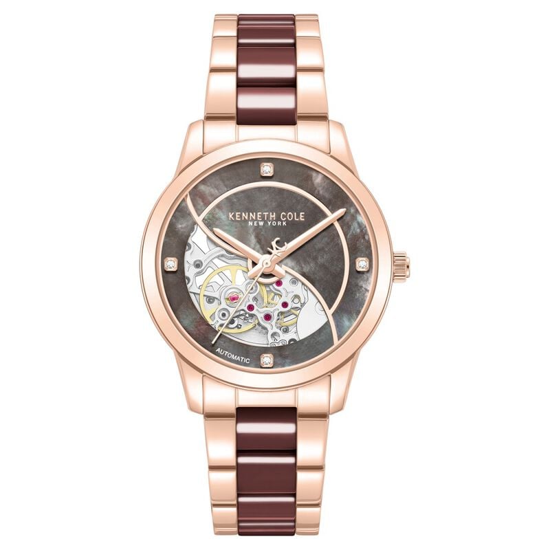 Kenneth Cole Automatic Automatic Brown Mother of Pearl Dial Rose Gold Ceramic Strap Watch For Women