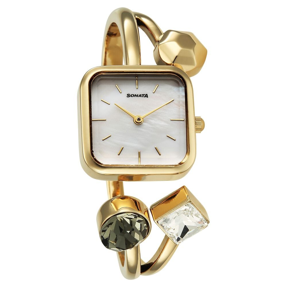 Sonata Aura Quartz Analog White Mother of Pearl Dial Golden Stainless Steel Strap Watch For Women-picture-37