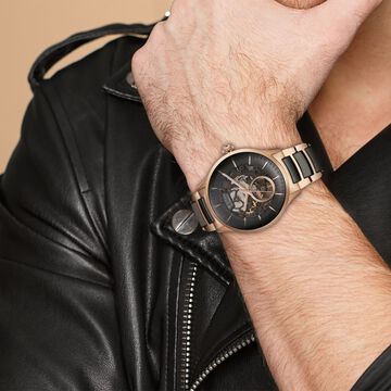 Titan Ceramic Fusion Automatic Black Dial Rose Gold Dual-Toned Stainless Steel Bracelet Watch for Men