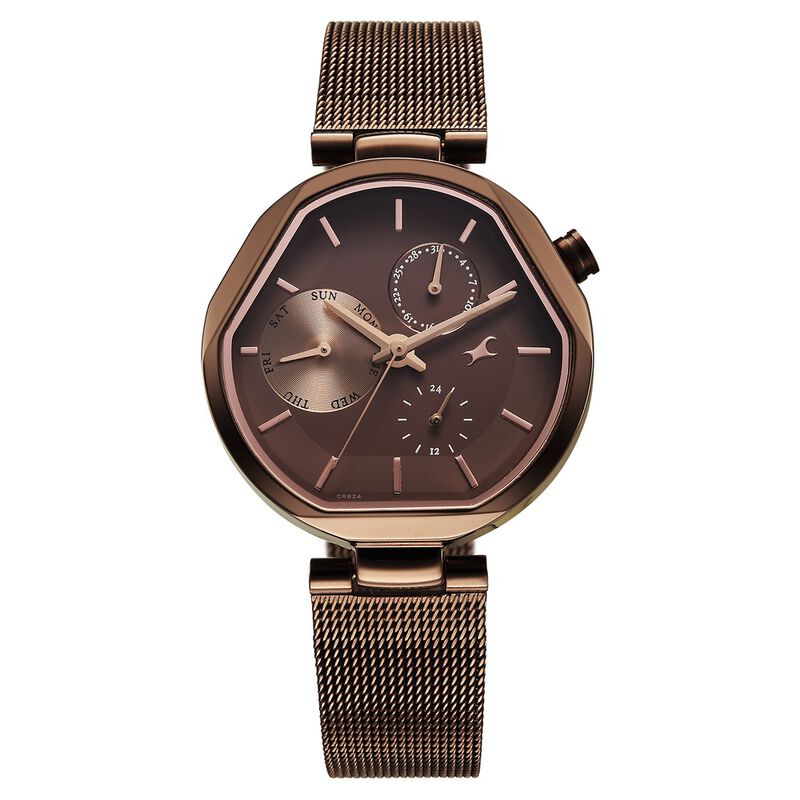 Fastrack Tick Tock Quartz Multifunction Brown Dial Stainless Steel Strap Watch For Girls