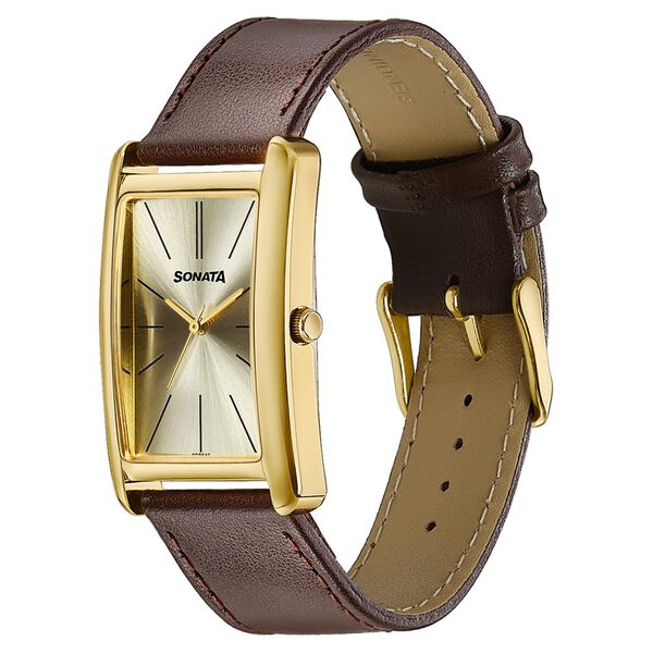 Sonata Ascent Gold Rectangular Watch with Brown Leather - image number 2