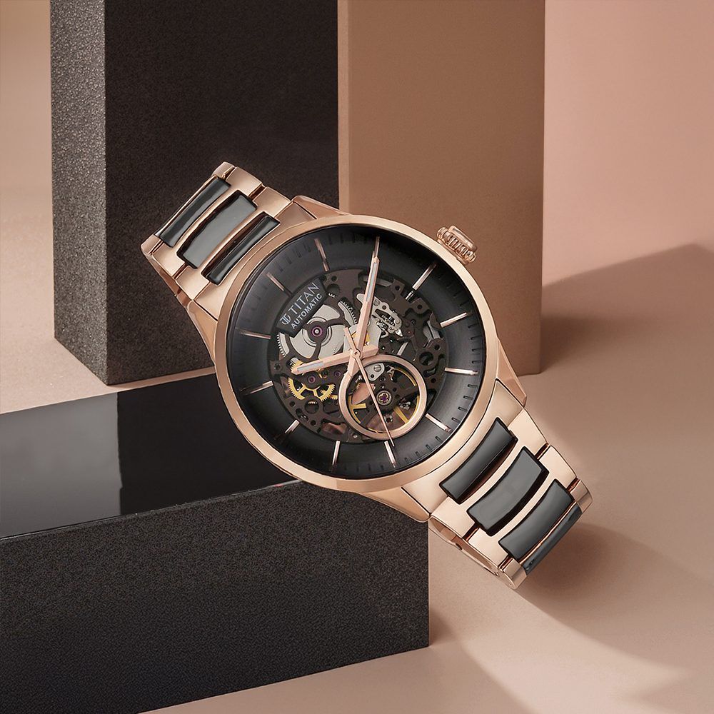 Titan Ceramic Fusion Automatic Black Dial Rose Gold Dual-Toned Stainless Steel Bracelet Watch for Men-picture-35