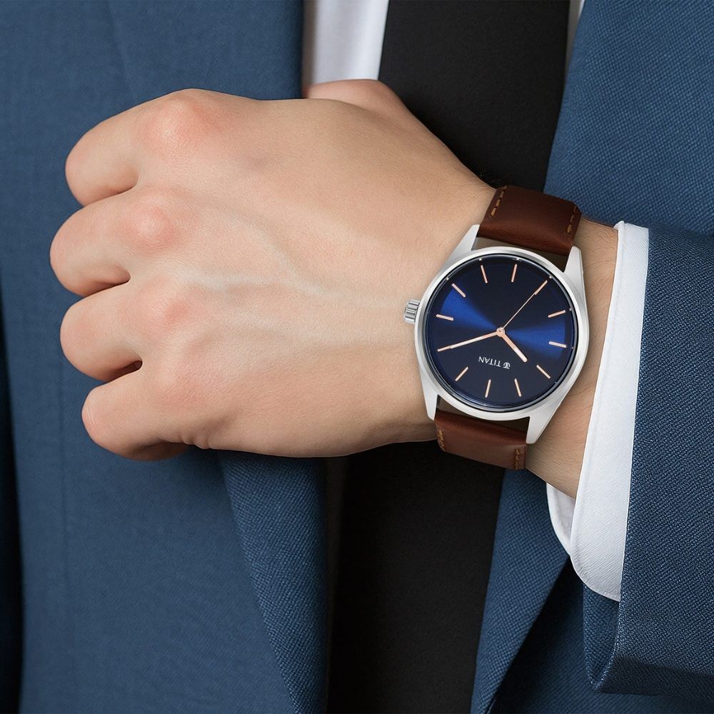 Buy Online Titan Quartz Analog Blue Dial Leather Strap Watch for