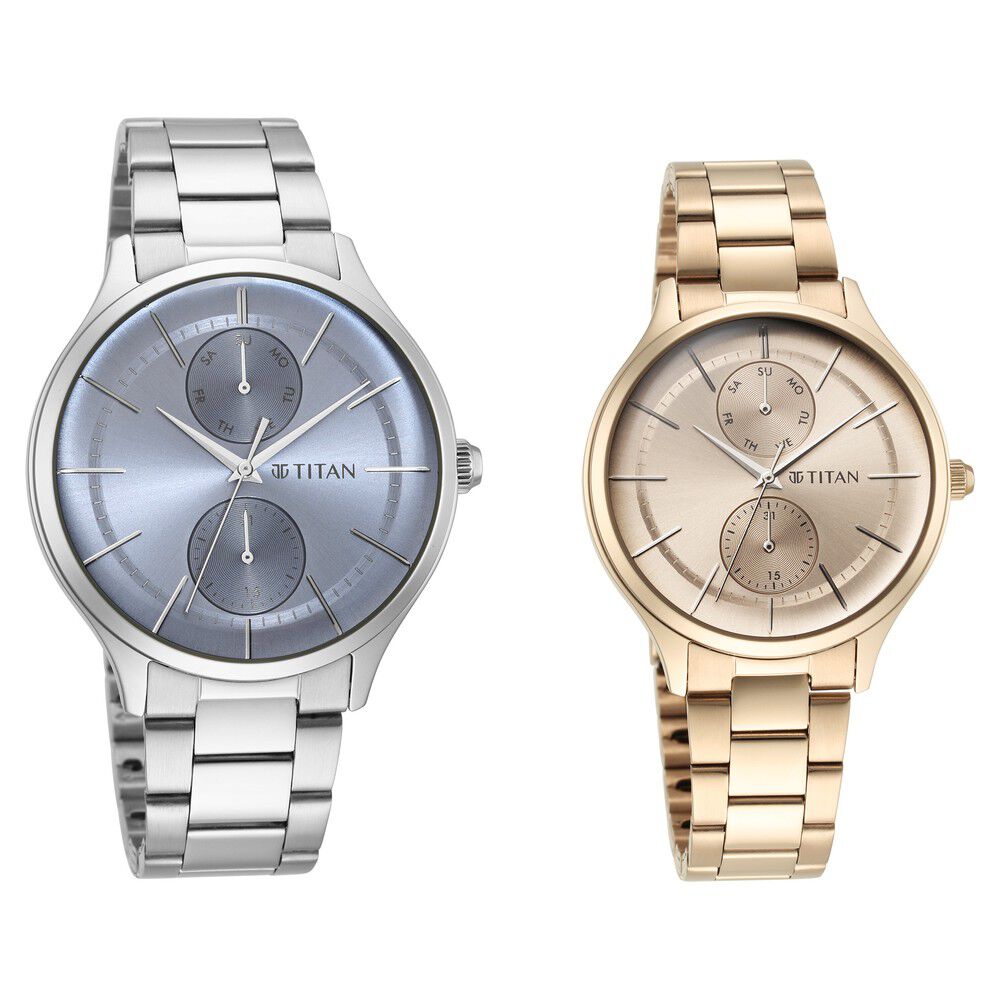 Buy Online Titan Quartz Analog Blue and Champagne Dial Stainless
