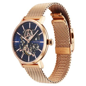Titan Mechanical Slimline Blue Dial Rose Golden Mesh Strap watch for Men