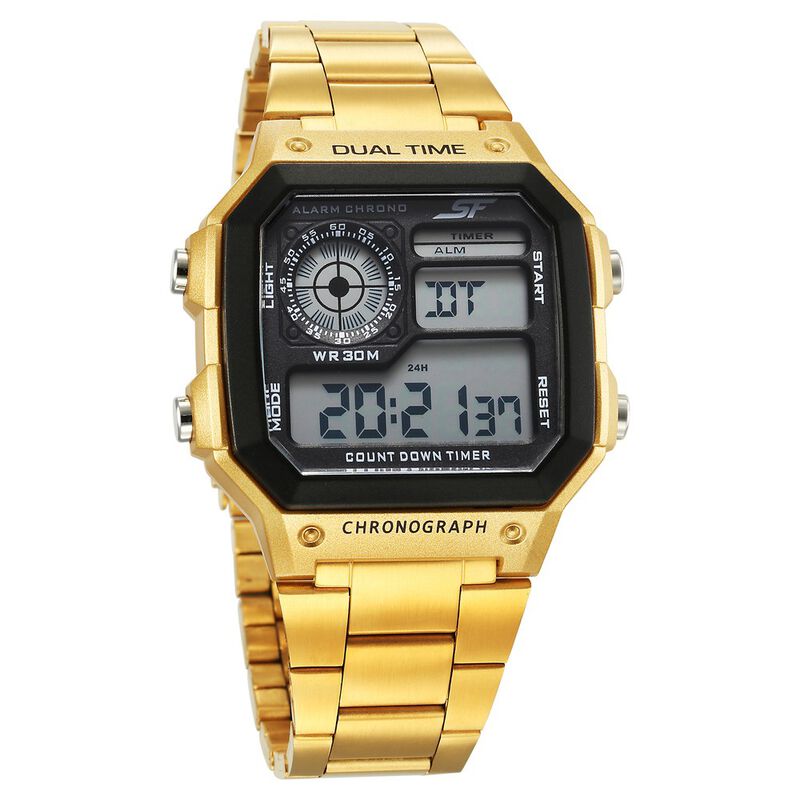 SF Digital Dial Golden Stainless Steel Strap Watch For Unisex