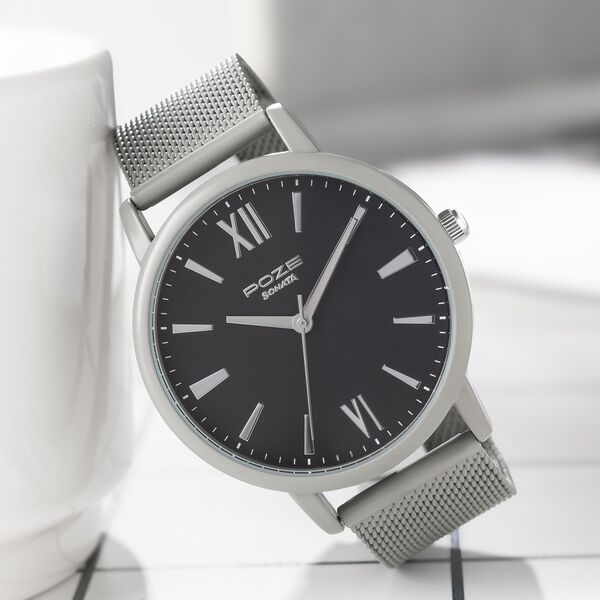 Sonata Poze Quartz Analog Black Round Dial Grey Mesh Strap Watch For Men - image number 0