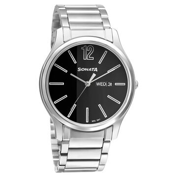 Sonata Quartz Analog with Day and Date Black Dial Stainless Steel Strap Watch for Men
