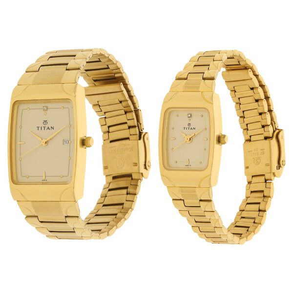 Titan Quartz Analog with Date Champagne Dial Stainless Steel Strap Watch for Couple - image number 1