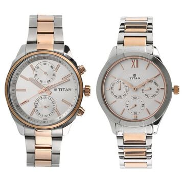 Titan Bandhan White Dial Quartz Multifunction Stainless Steel Strap watch for Couple