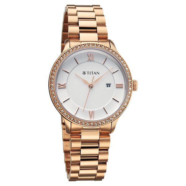 Titan Purple Prestige Quartz Analog with Date White Dial Rose Gold Stainless Steel Strap Watch For Women - image number 1