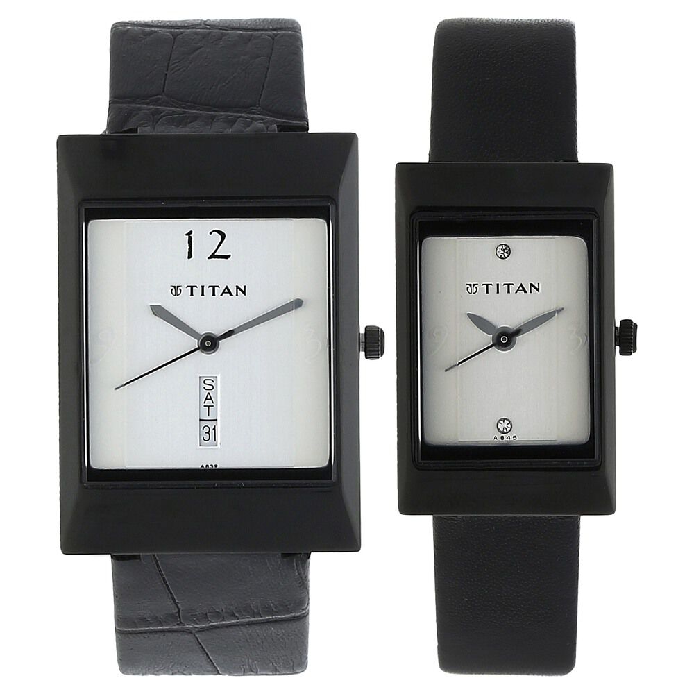 Buy Online Titan Quartz Analog with Day and Date Silver Dial Leather Strap Watch for Couple nj19572957nl01 Titan