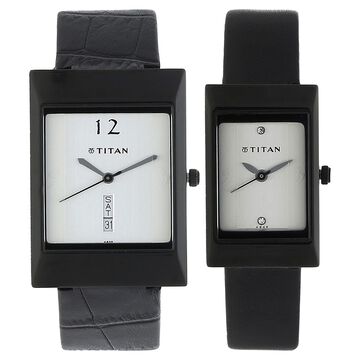 Titan Quartz Analog with Day and Date Silver Dial Leather Strap Watch for Couple