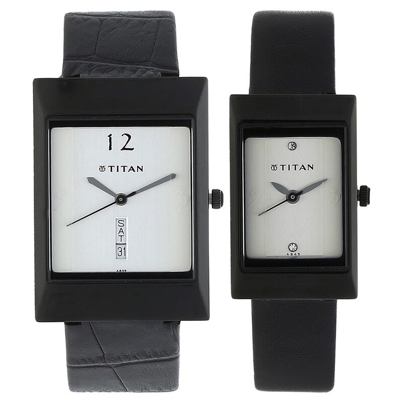 Titan Quartz Analog with Day and Date Silver Dial Leather Strap Watch for Couple - image number 0