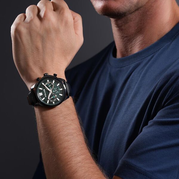 Police Quartz Multifunction Green Dial Black Leather Strap Watch For Men - image number 4
