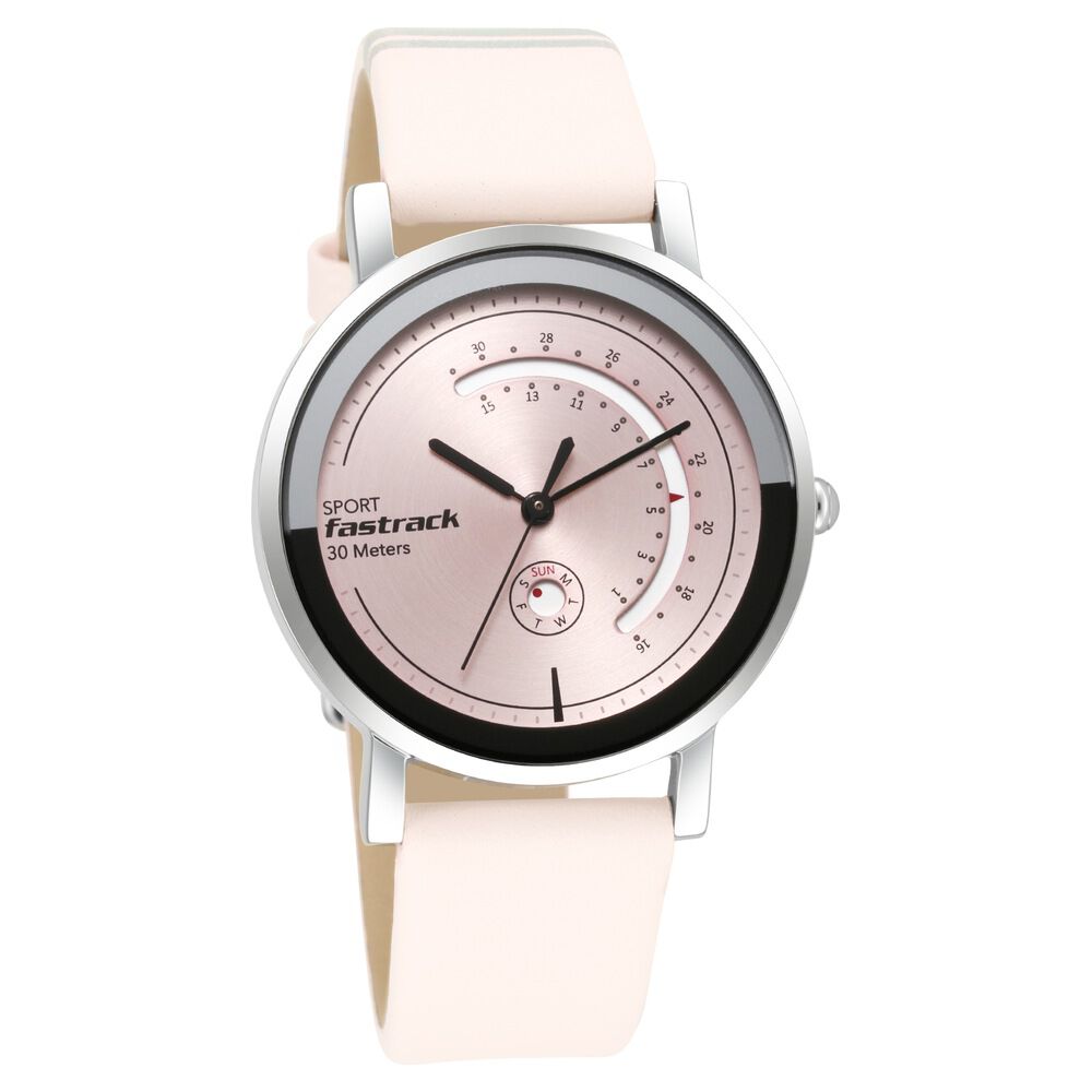 Buy Online Fastrack Wear Your Look Quartz Analog with Day and Date Pink Dial Leather Strap Watch for Girls ns6172sl03 Titan