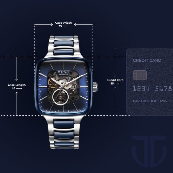 Titan Ceramic Fusion Automatic Square Blue Dial Rose Gold Dual-Toned Stainless Steel Bracelet Watch for Men - image number 7