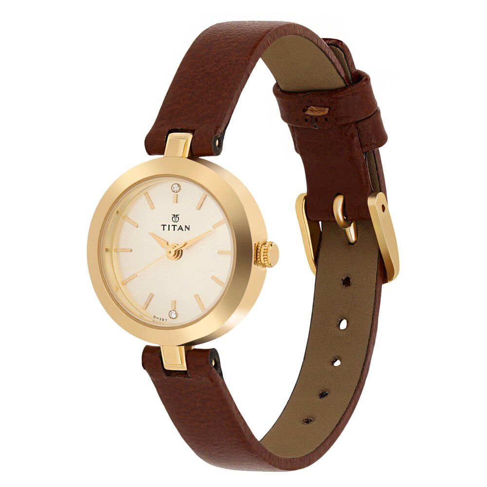 Buy Online Titan Quartz Analog Champagne Dial Leather Strap Watch for Women nn2598yl01 Titan