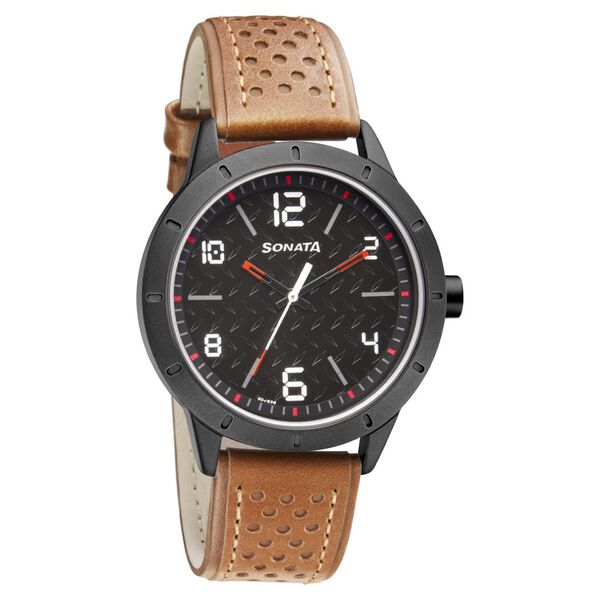 Sonata Quartz Analog Black Dial Leather Strap Watch for Men - image number 0