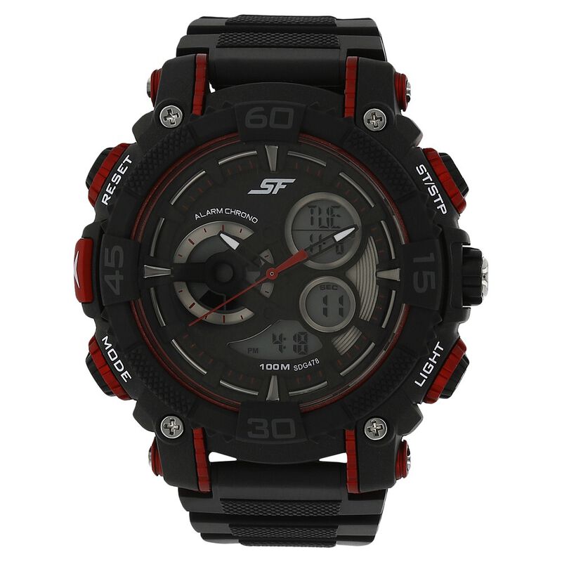 SF Quartz Analog Digital Black Dial Plastic Strap Watch for Men