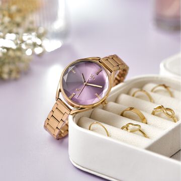 Fastrack Vyb Aurora Quartz Analog Purple Dial Rose Gold Color Metal Strap Watch For Girls