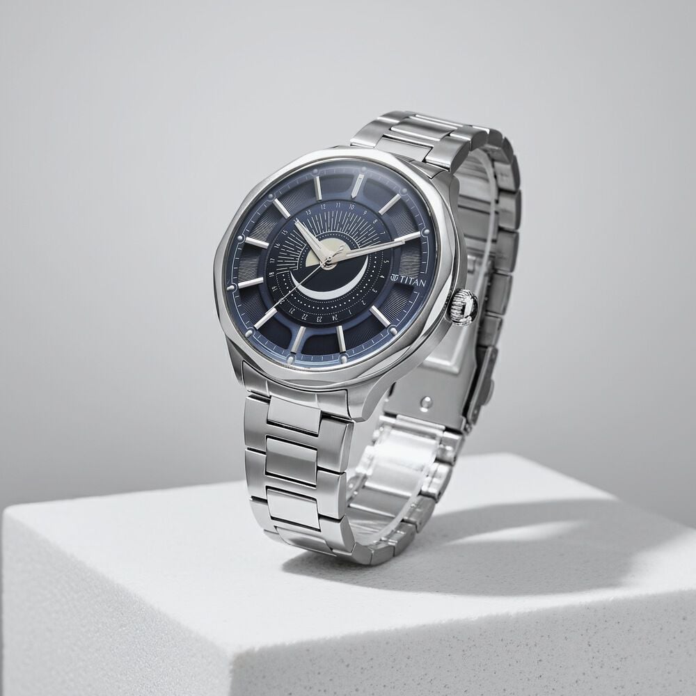 Titan Stellar Analog with Sun Moon Phase and Blue Dial Silver Stainless Steel Strap Watch for Men-picture-19
