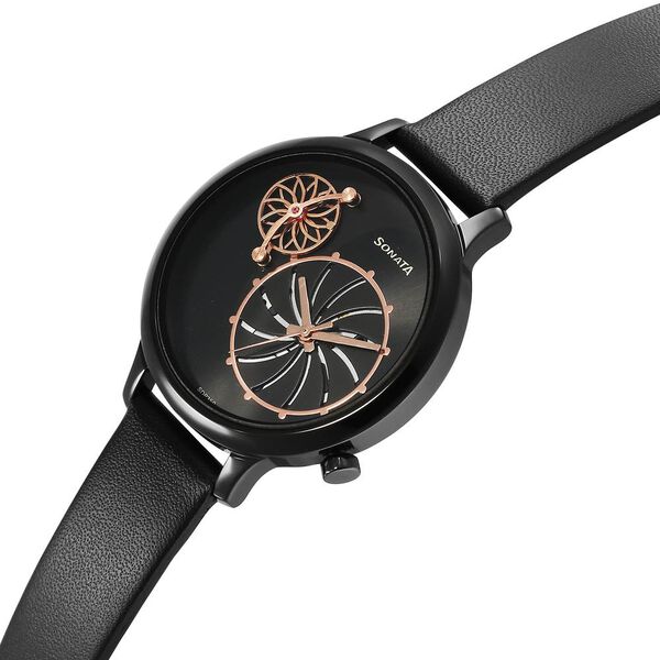 Sonata Unveil Quartz Analog Black Dial Leather Strap Watch for Women - image number 2